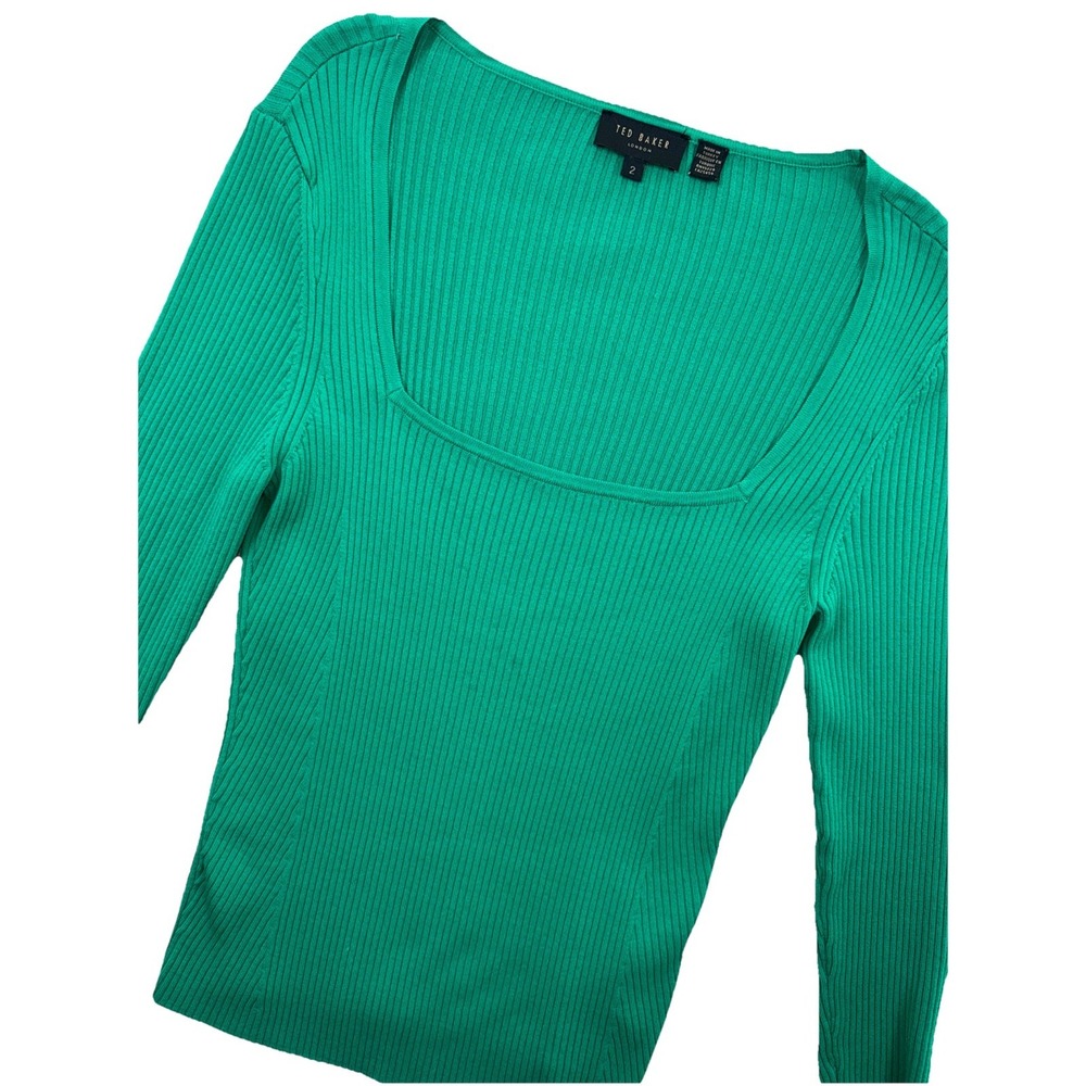 Ted Baker‎ Top Womens XXS-2 Ribbed Knit Kelly Green Classic Preppy Office Fitted